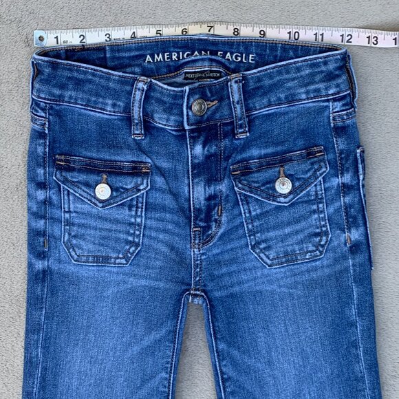 American Eagle Outfitters Festival Flare Next Level Stretch Low Rise Jeans Sz00 - Picture 11 of 14